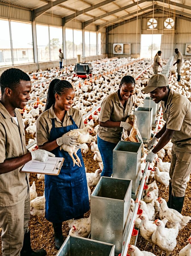 Young farmers working together in modern poultry facility