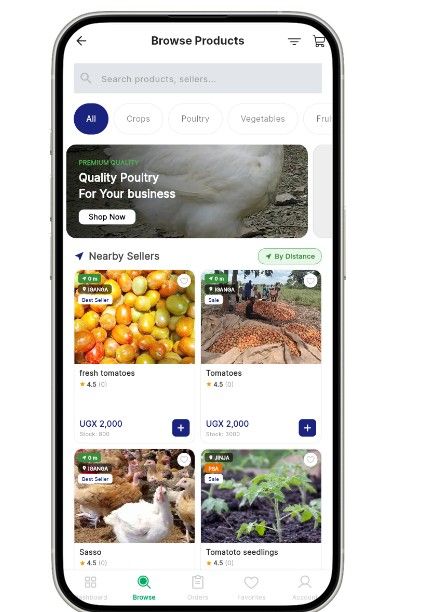 Browse products showing categories and nearby sellers