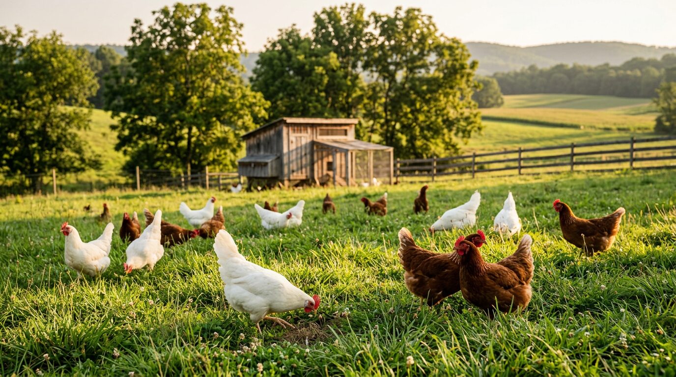 Free-range organic broilers in lush green pasture