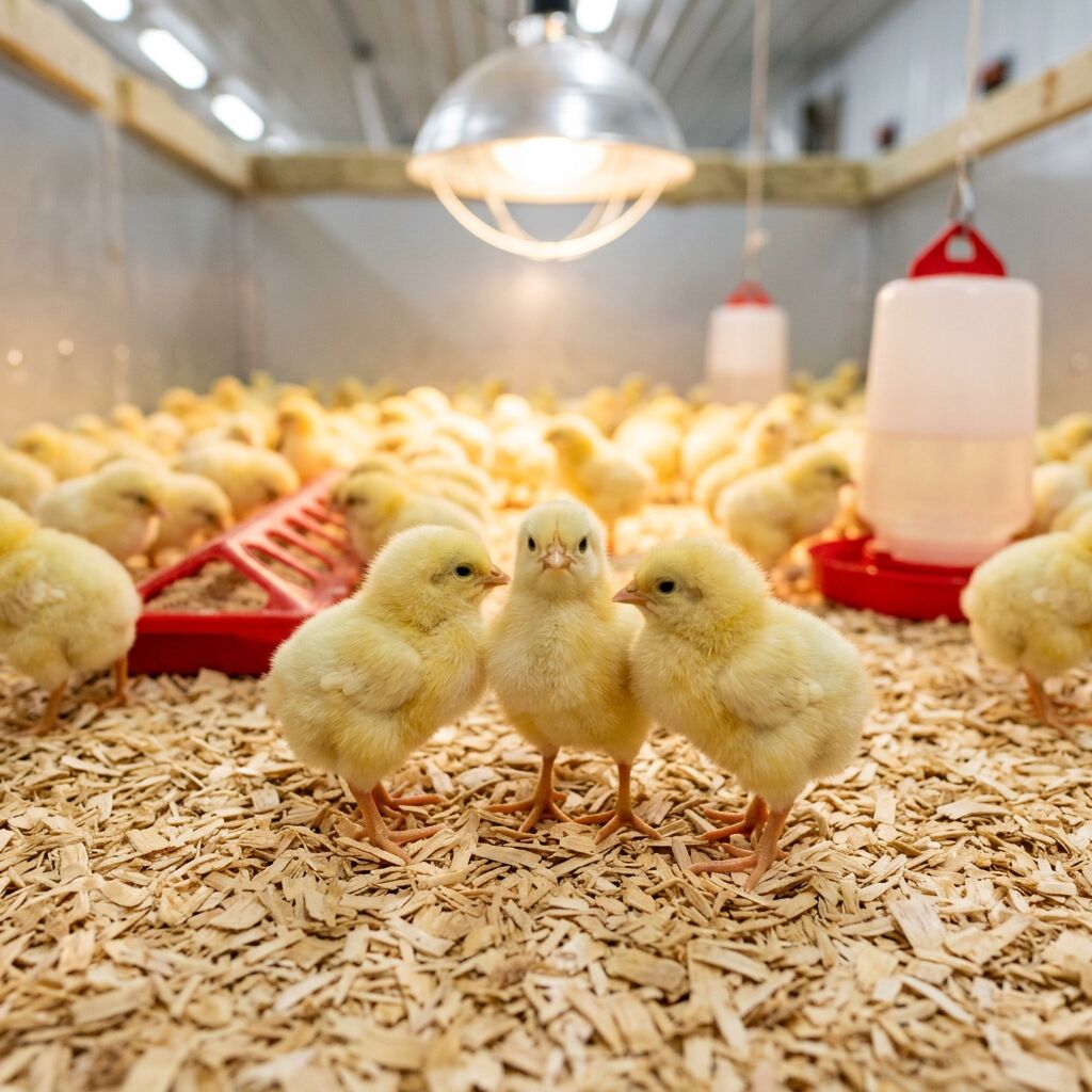 Healthy day-old baby chicks in warm brooder