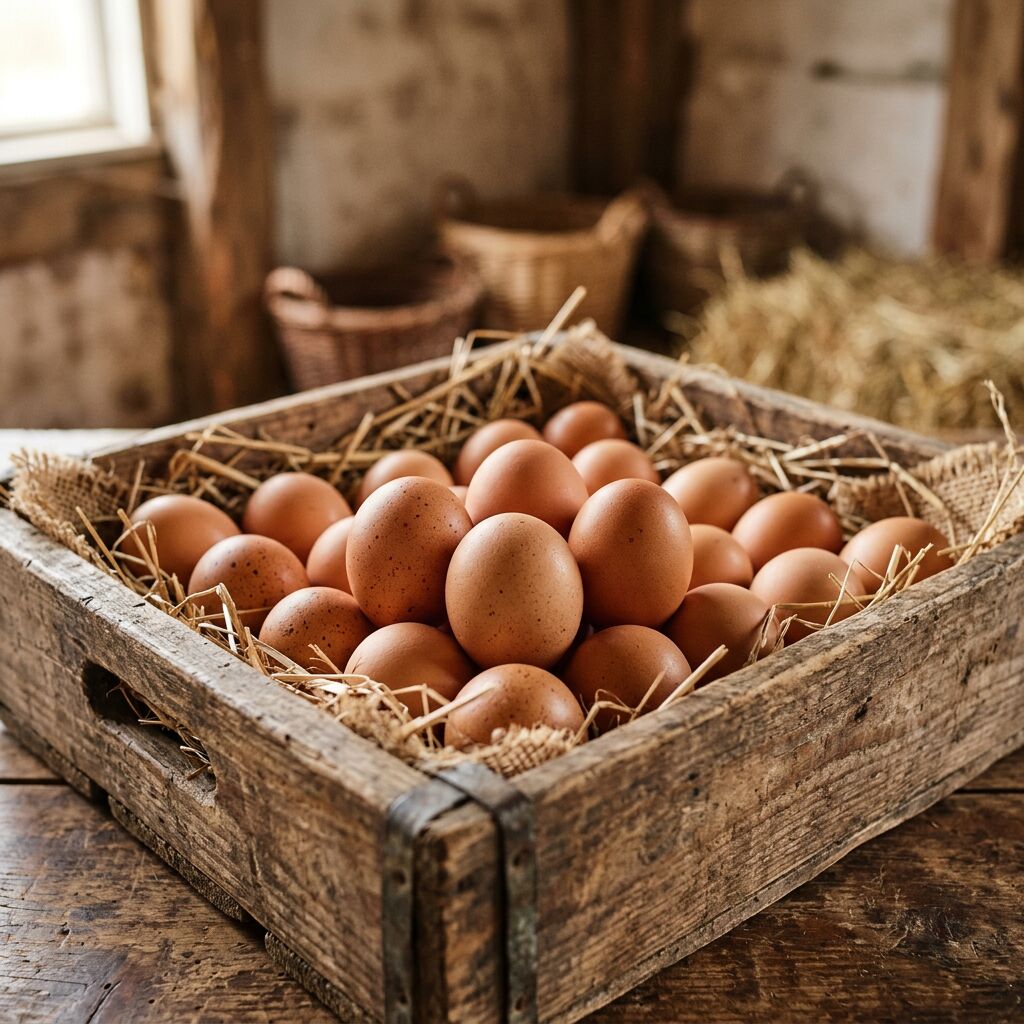 Fresh brown farm eggs in rustic crate
