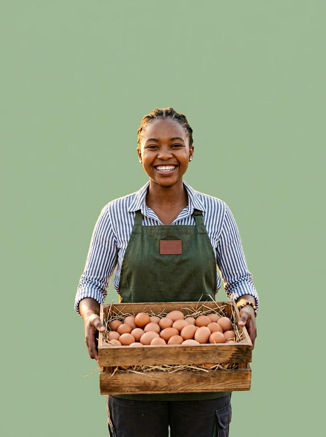 Young woman farmer holding fresh eggs from her farm