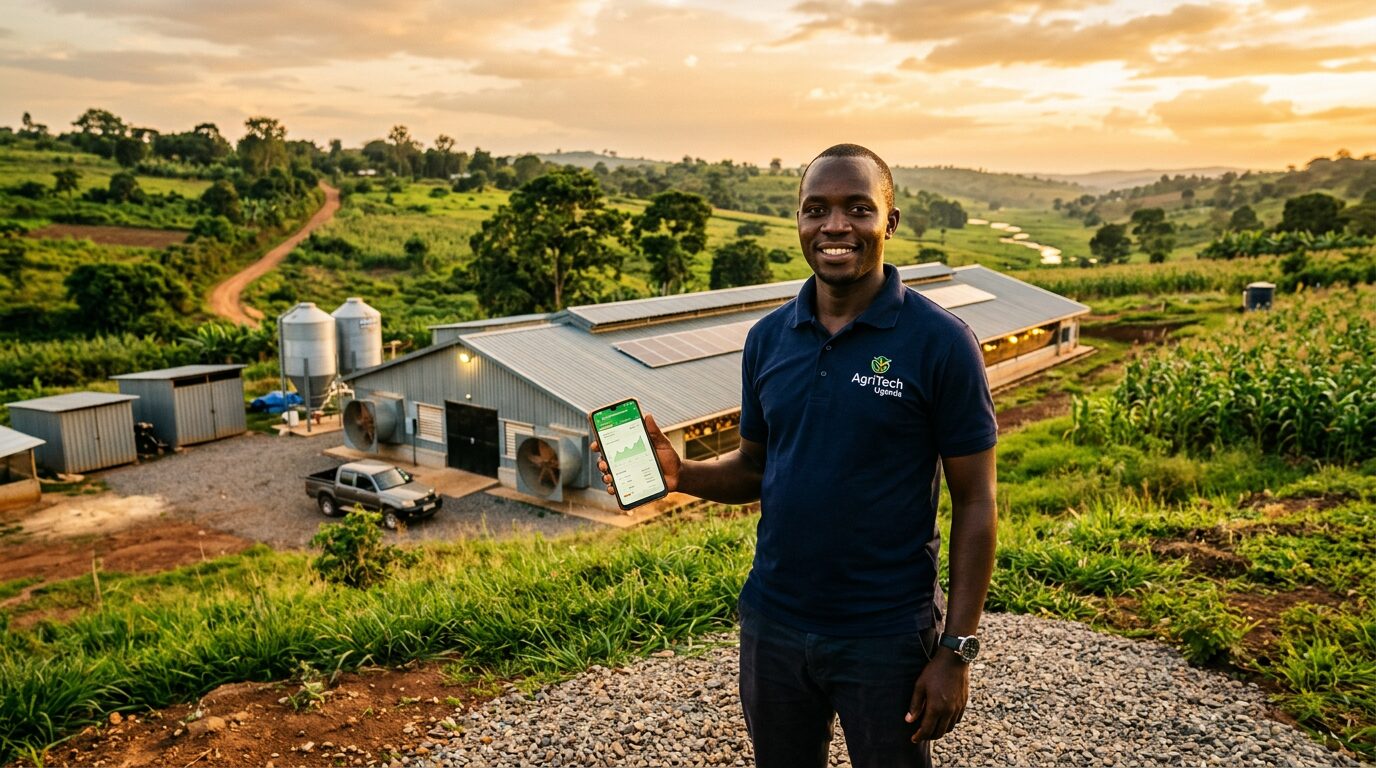 Modern poultry farm in East Africa at golden hour with farmer using technology